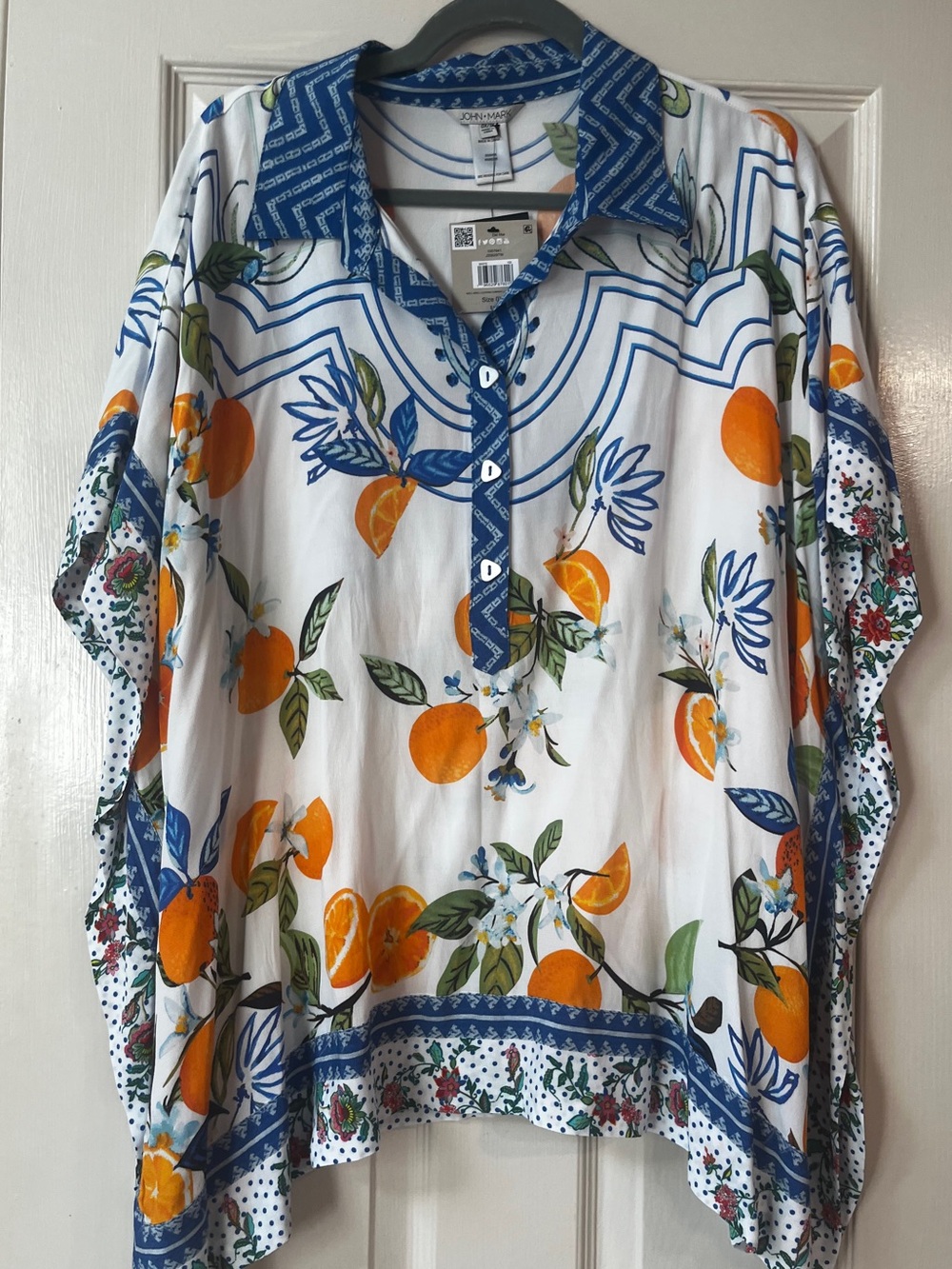 NWT John Mark White Tunic with Orange & Blue Botanical Print